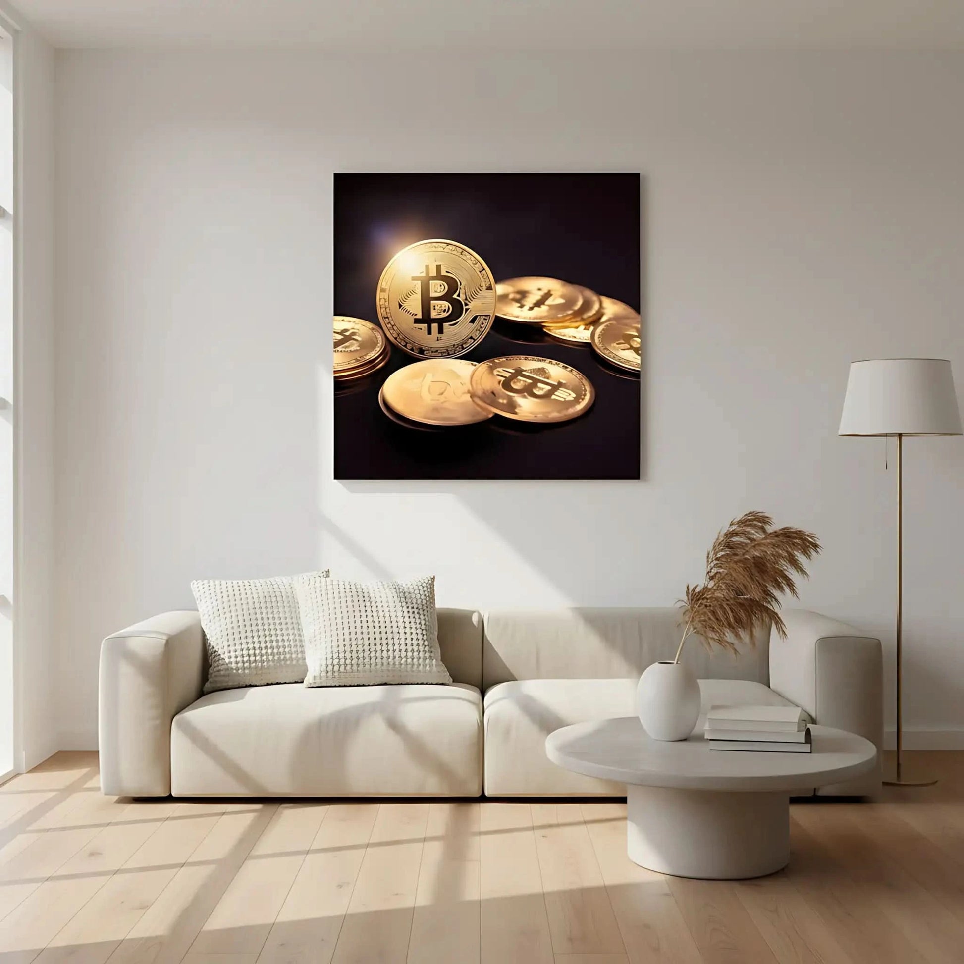 Tableau de pièces dorées sur fond noir, symbolisant richesse et prospérité, ambiance luxueuse pour bureau ou salon moderne.