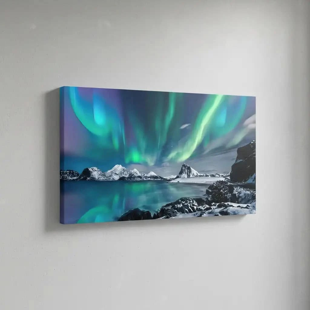 Aurore boréale aux nuances vertes et bleues, paysage enneigé, ambiance sereine et mystique pour salon ou chambre.