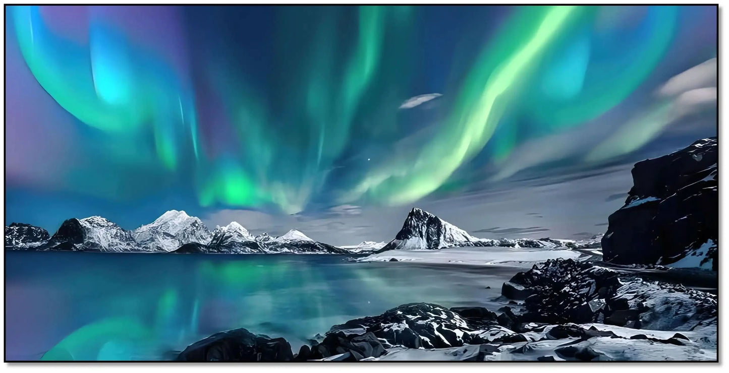Aurore boréale aux nuances vertes et bleues, paysage enneigé, ambiance sereine et mystique pour salon ou chambre.