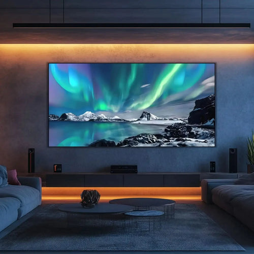 Aurore boréale aux nuances vertes et bleues, paysage enneigé, ambiance sereine et mystique pour salon ou chambre.