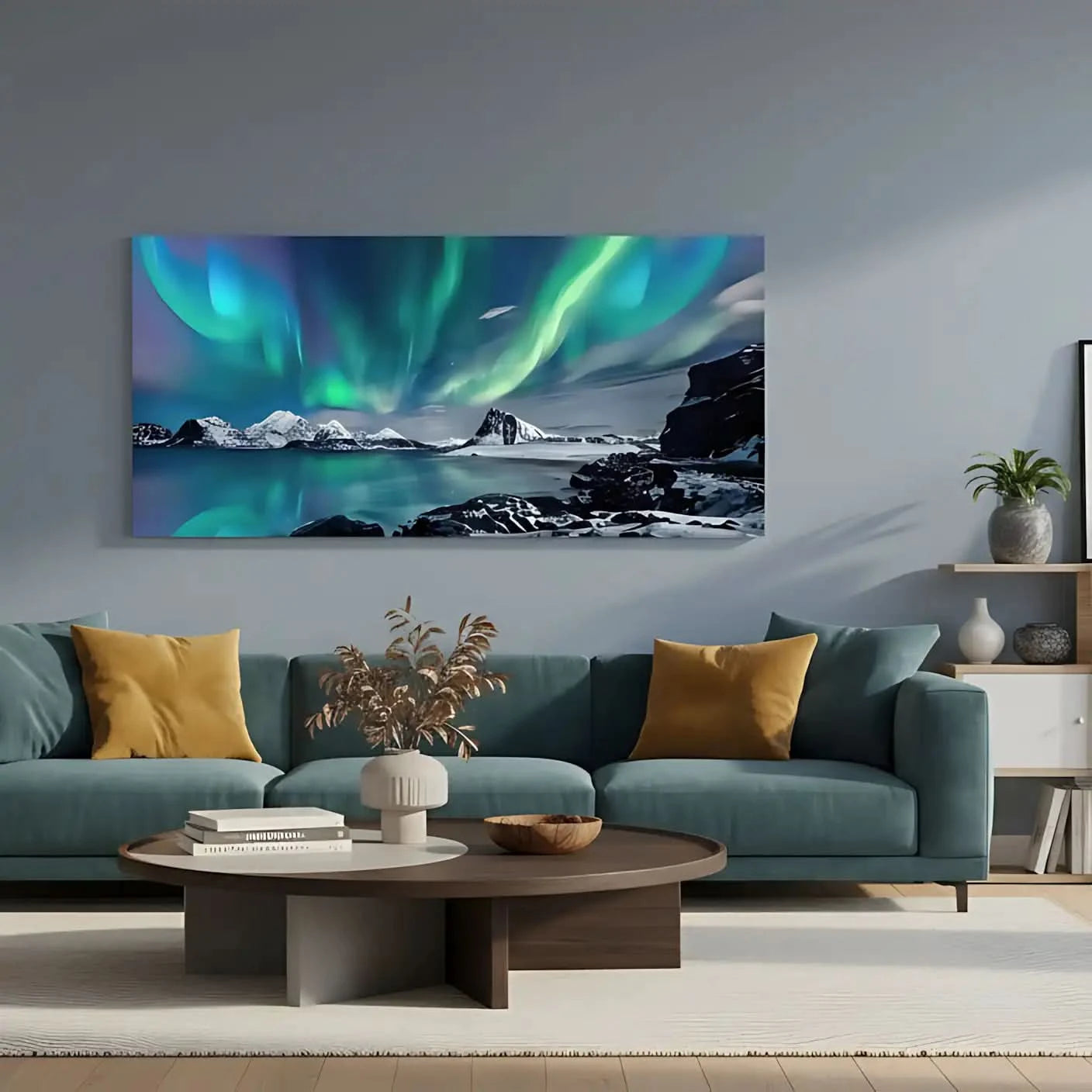 Aurore boréale aux nuances vertes et bleues, paysage enneigé, ambiance sereine et mystique pour salon ou chambre.