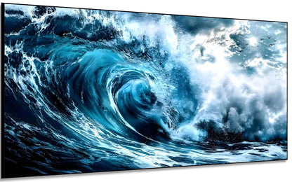 Vague déferlante aux bleus profonds et blancs éclatants, ambiance dynamique et fraîche pour salon moderne ou bureau.