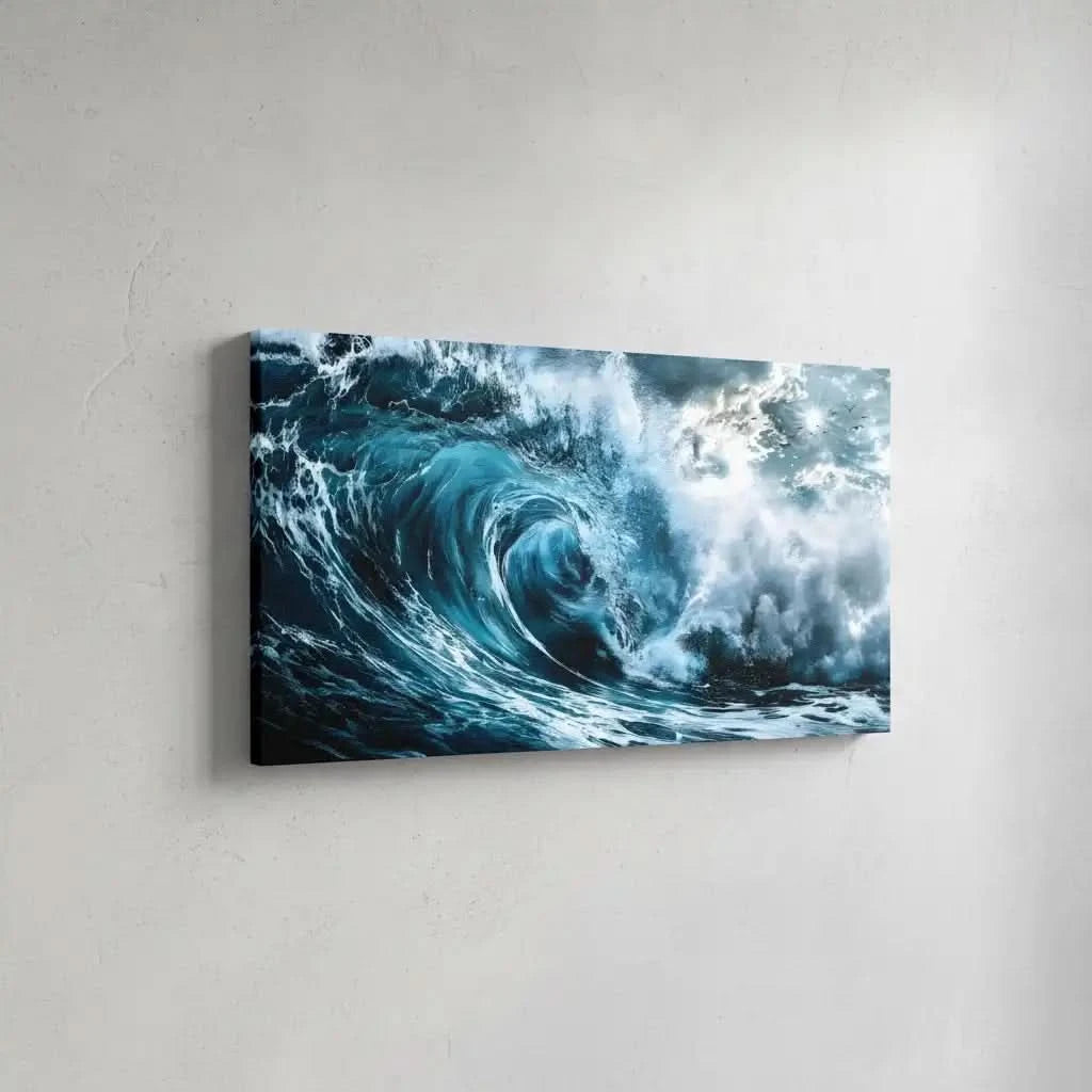 Vague déferlante aux bleus profonds et blancs éclatants, ambiance dynamique et fraîche pour salon moderne ou bureau.