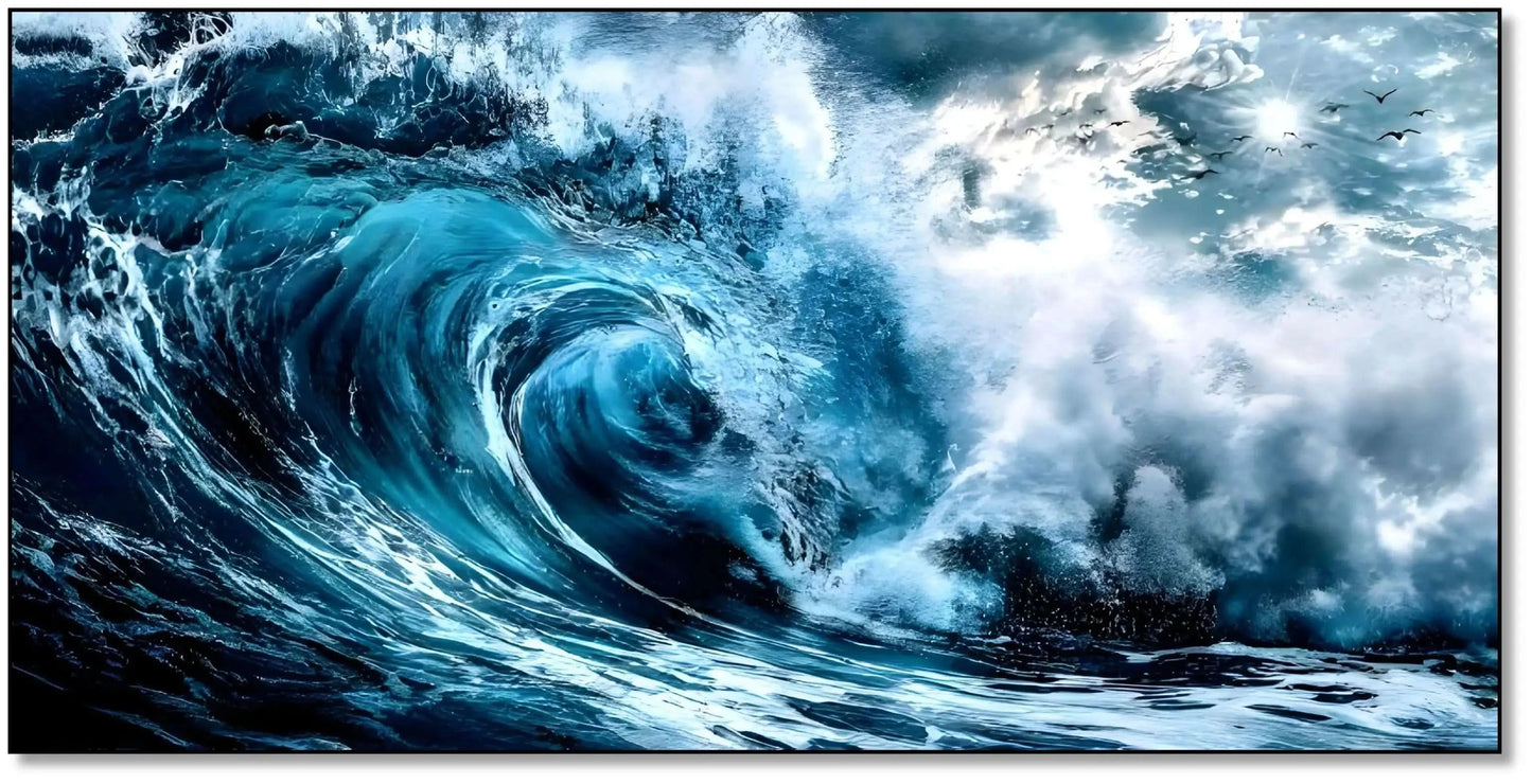 Vague déferlante aux bleus profonds et blancs éclatants, ambiance dynamique et fraîche pour salon moderne ou bureau.