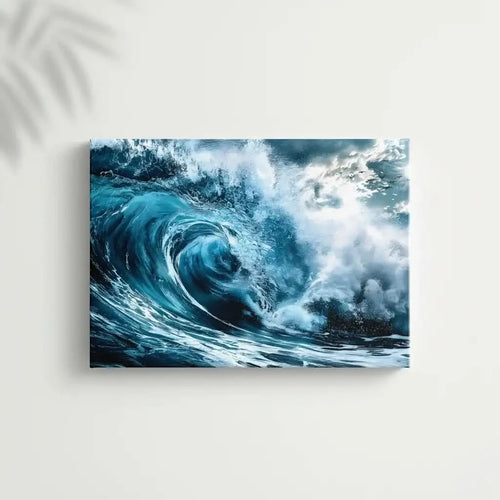 Vague déferlante aux bleus profonds et blancs éclatants, ambiance dynamique et fraîche pour salon moderne ou bureau.