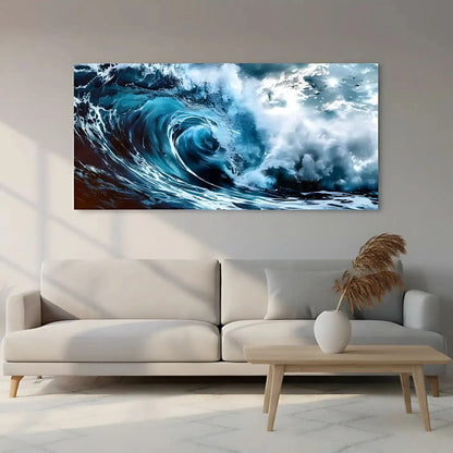 Vague déferlante aux bleus profonds et blancs éclatants, ambiance dynamique et fraîche pour salon moderne ou bureau.