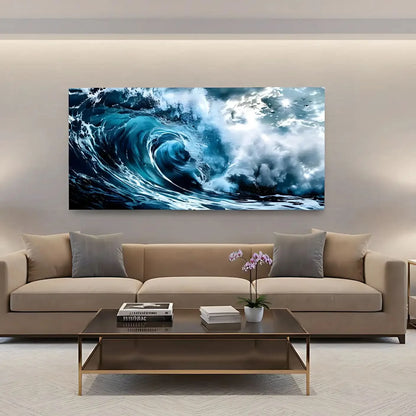 Vague déferlante aux bleus profonds et blancs éclatants, ambiance dynamique et fraîche pour salon moderne ou bureau.