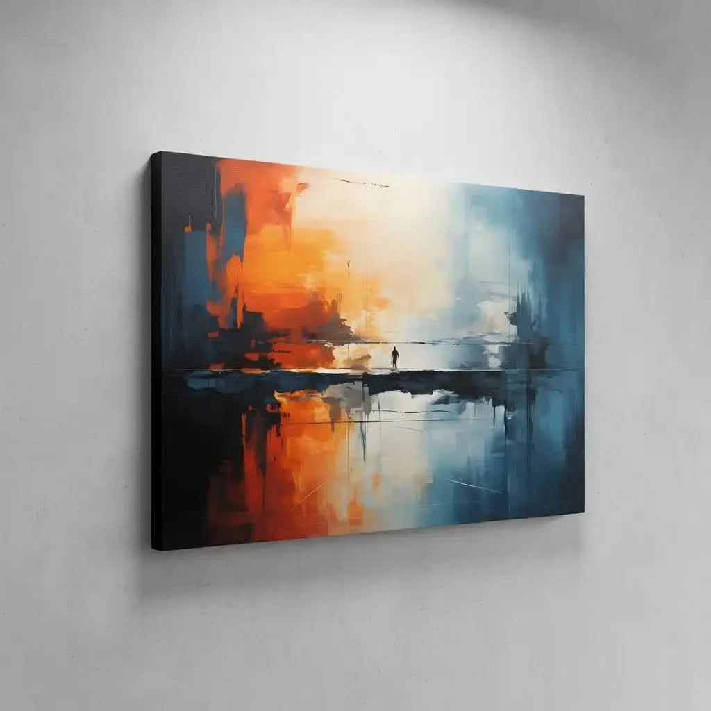 Tableau abstrait avec teintes orange et bleu, silhouette solitaire sur pont, ambiance mystérieuse pour salon moderne ou burea