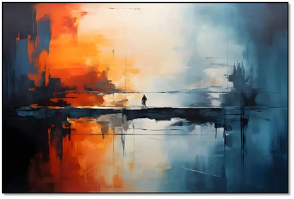 Tableau abstrait avec teintes orange et bleu, silhouette solitaire sur pont, ambiance mystérieuse pour salon moderne ou burea