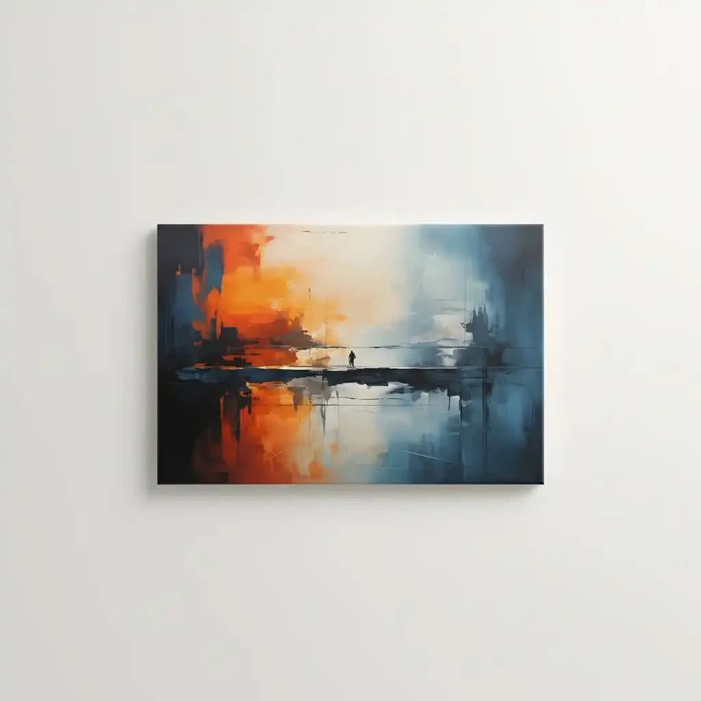 Tableau abstrait avec teintes orange et bleu, silhouette solitaire sur pont, ambiance mystérieuse pour salon moderne ou burea