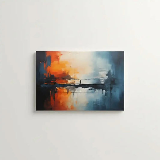 Tableau abstrait avec teintes orange et bleu, silhouette solitaire sur pont, ambiance mystérieuse pour salon moderne ou burea