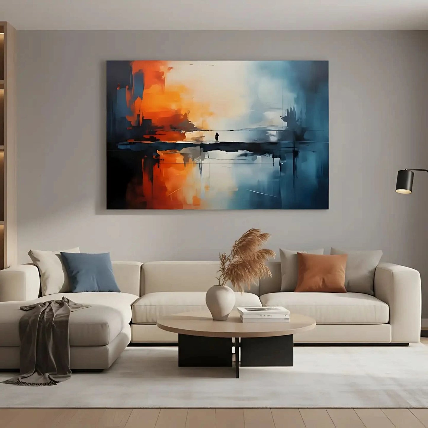 Tableau abstrait avec teintes orange et bleu, silhouette solitaire sur pont, ambiance mystérieuse pour salon moderne ou burea