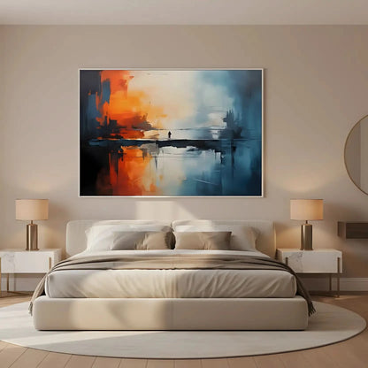 Tableau abstrait avec teintes orange et bleu, silhouette solitaire sur pont, ambiance mystérieuse pour salon moderne ou burea