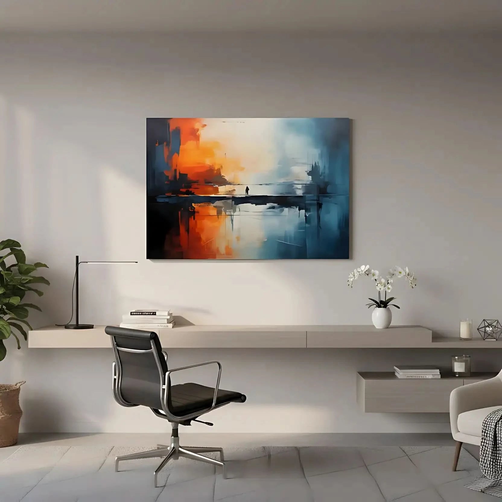 Tableau abstrait avec teintes orange et bleu, silhouette solitaire sur pont, ambiance mystérieuse pour salon moderne ou burea