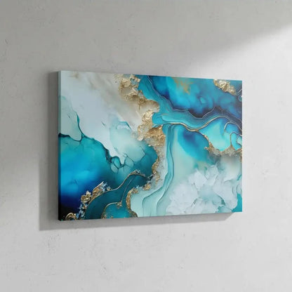 Tableau abstrait avec bleus profonds et dorés lumineux, ambiance sereine et élégante pour salon ou bureau moderne.