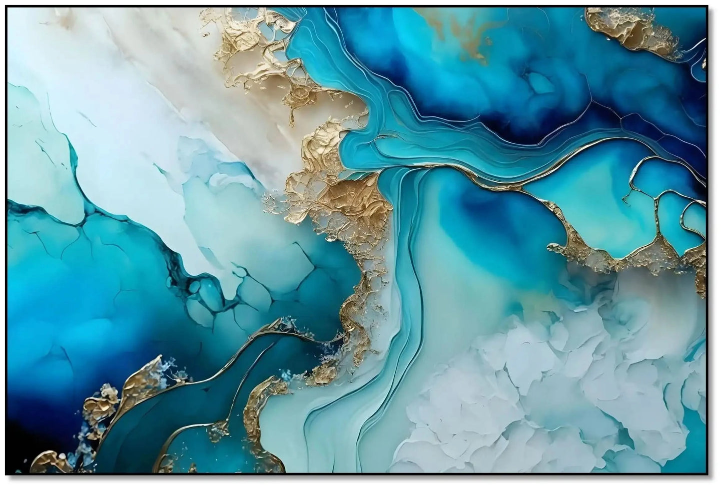 Tableau abstrait avec bleus profonds et dorés lumineux, ambiance sereine et élégante pour salon ou bureau moderne.