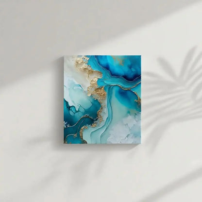 Tableau abstrait avec bleus profonds et dorés lumineux, ambiance sereine et élégante pour salon ou bureau moderne.