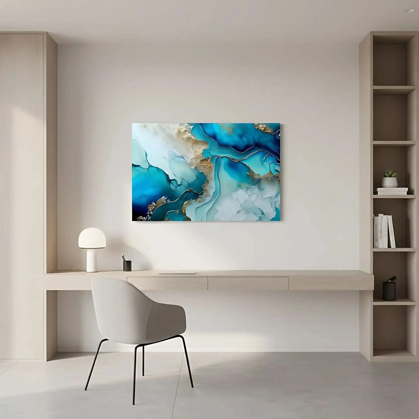 Tableau abstrait avec bleus profonds et dorés lumineux, ambiance sereine et élégante pour salon ou bureau moderne.