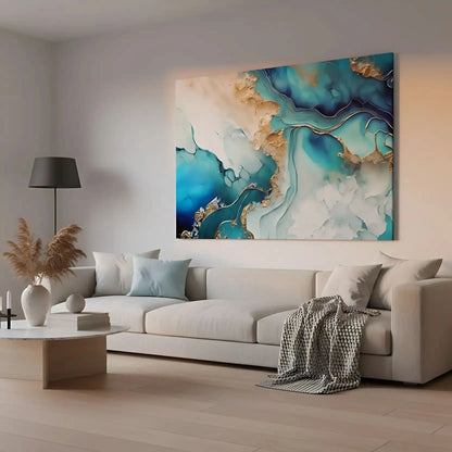 Tableau abstrait avec bleus profonds et dorés lumineux, ambiance sereine et élégante pour salon ou bureau moderne.