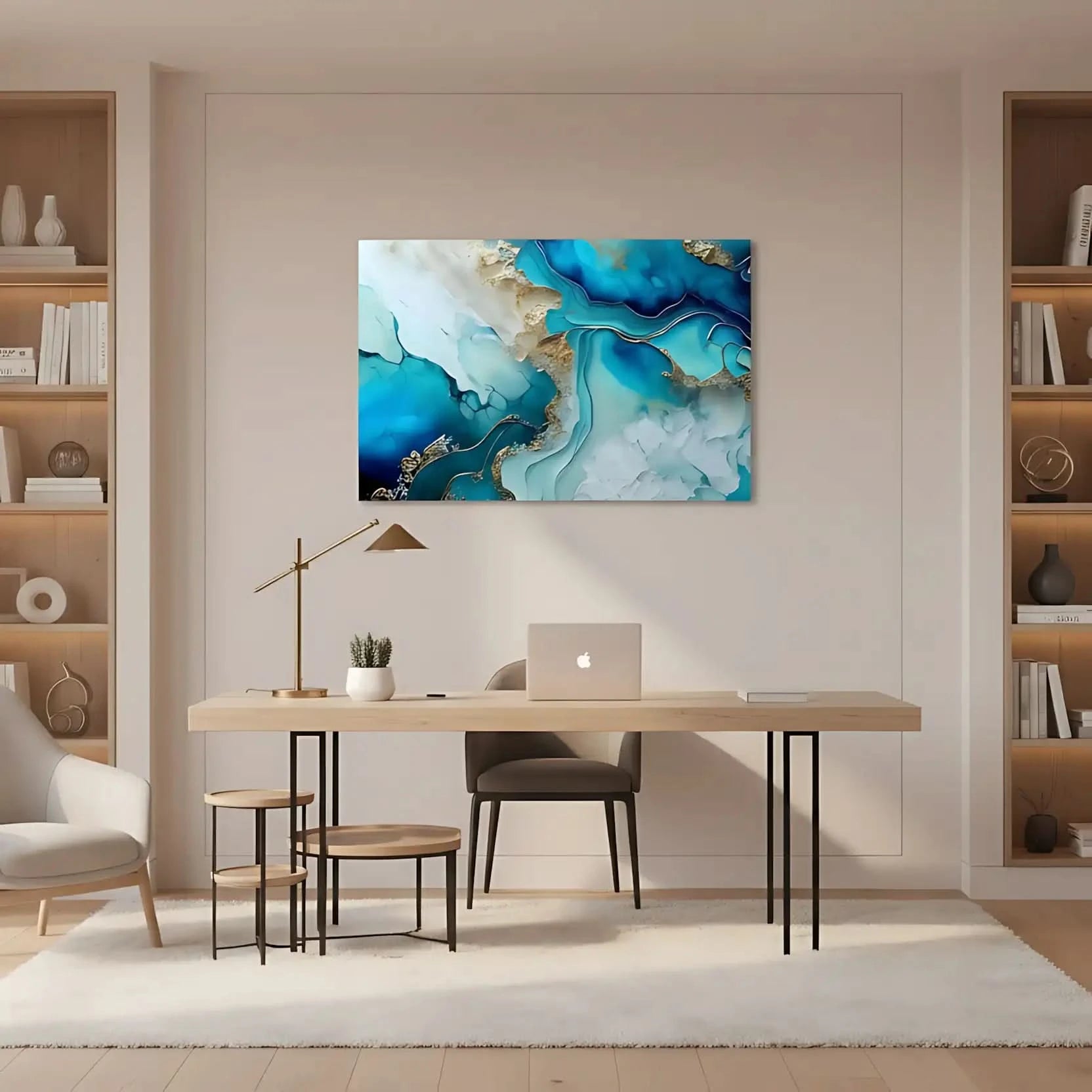 Tableau abstrait avec bleus profonds et dorés lumineux, ambiance sereine et élégante pour salon ou bureau moderne.