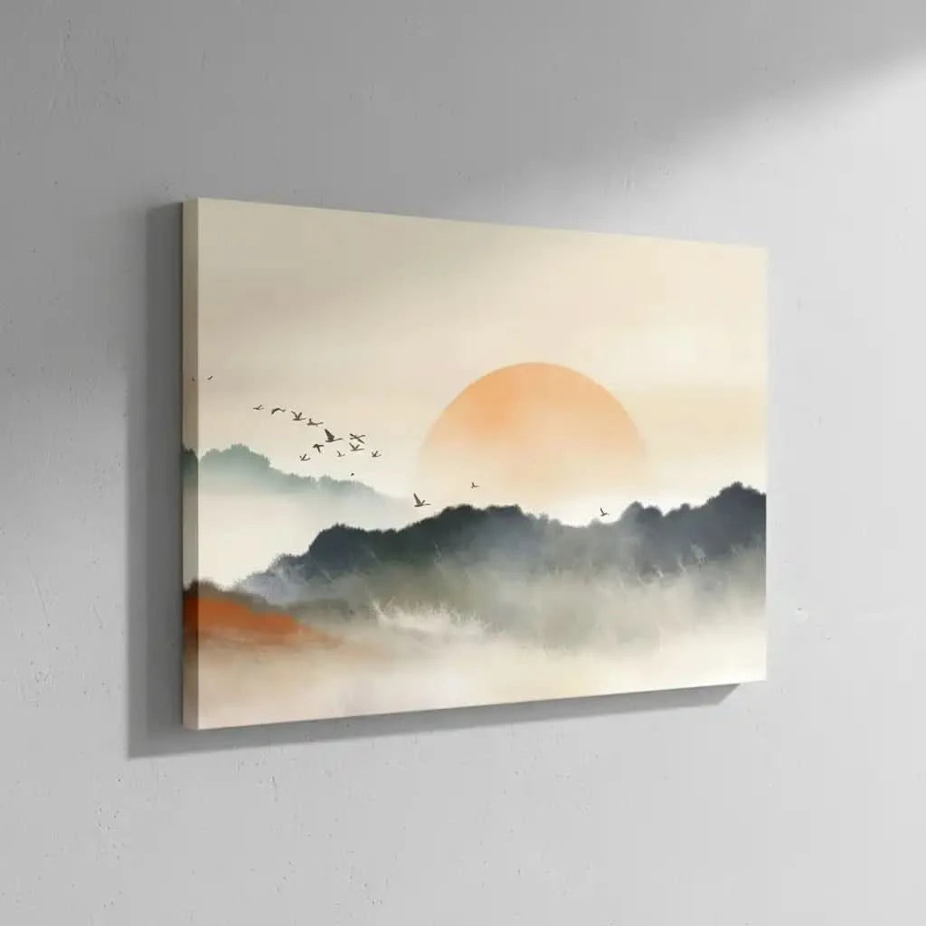 Lever de soleil avec teintes orange et gris, oiseaux en vol, ambiance sereine et mystérieuse pour salon ou chambre.