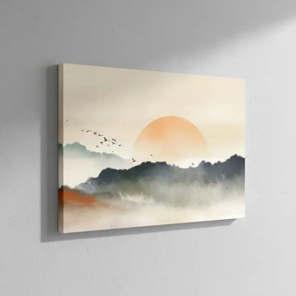Lever de soleil avec teintes orange et gris, oiseaux en vol, ambiance sereine et mystérieuse pour salon ou chambre.