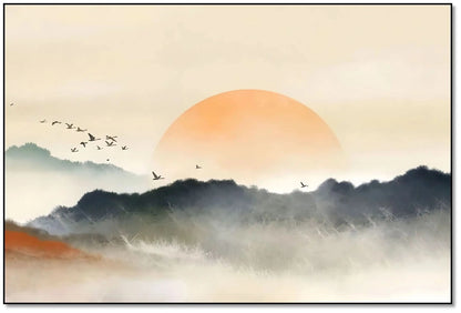 Lever de soleil avec teintes orange et gris, oiseaux en vol, ambiance sereine et mystérieuse pour salon ou chambre.