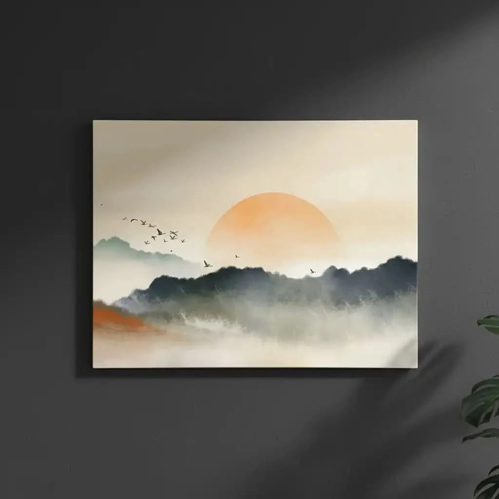 Lever de soleil avec teintes orange et gris, oiseaux en vol, ambiance sereine et mystérieuse pour salon ou chambre.