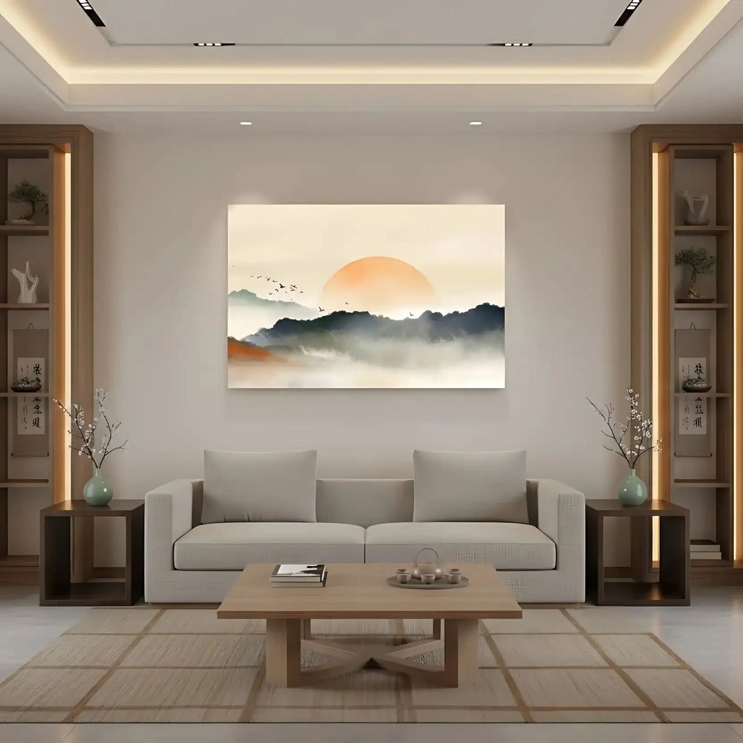 Lever de soleil avec teintes orange et gris, oiseaux en vol, ambiance sereine et mystérieuse pour salon ou chambre.