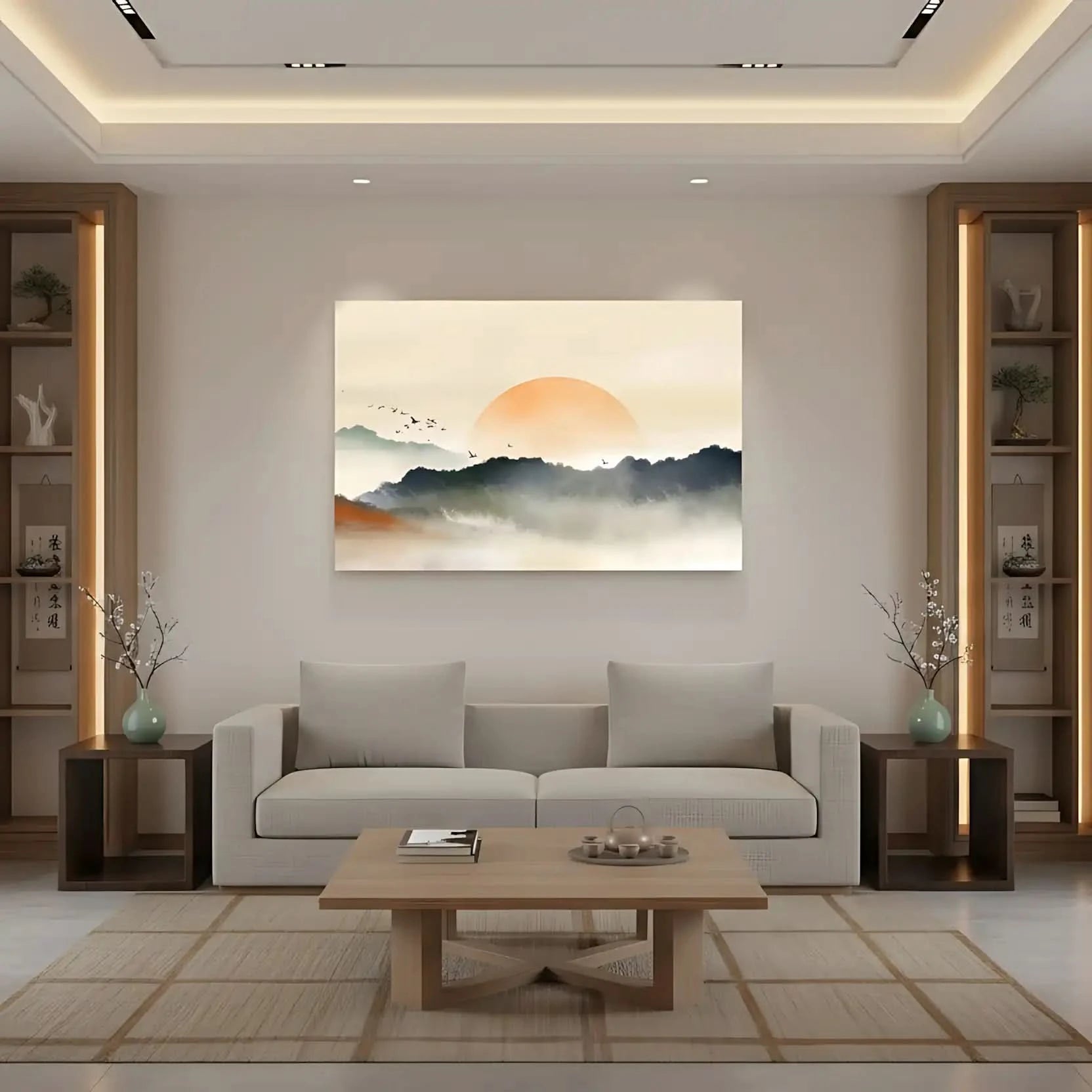 Lever de soleil avec teintes orange et gris, oiseaux en vol, ambiance sereine et mystérieuse pour salon ou chambre.