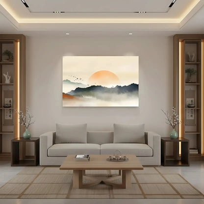 Lever de soleil avec teintes orange et gris, oiseaux en vol, ambiance sereine et mystérieuse pour salon ou chambre.