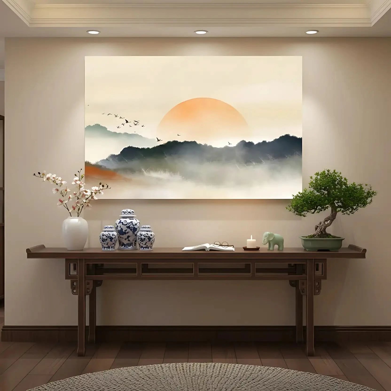 Lever de soleil avec teintes orange et gris, oiseaux en vol, ambiance sereine et mystérieuse pour salon ou chambre.