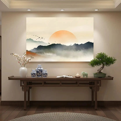 Lever de soleil avec teintes orange et gris, oiseaux en vol, ambiance sereine et mystérieuse pour salon ou chambre.