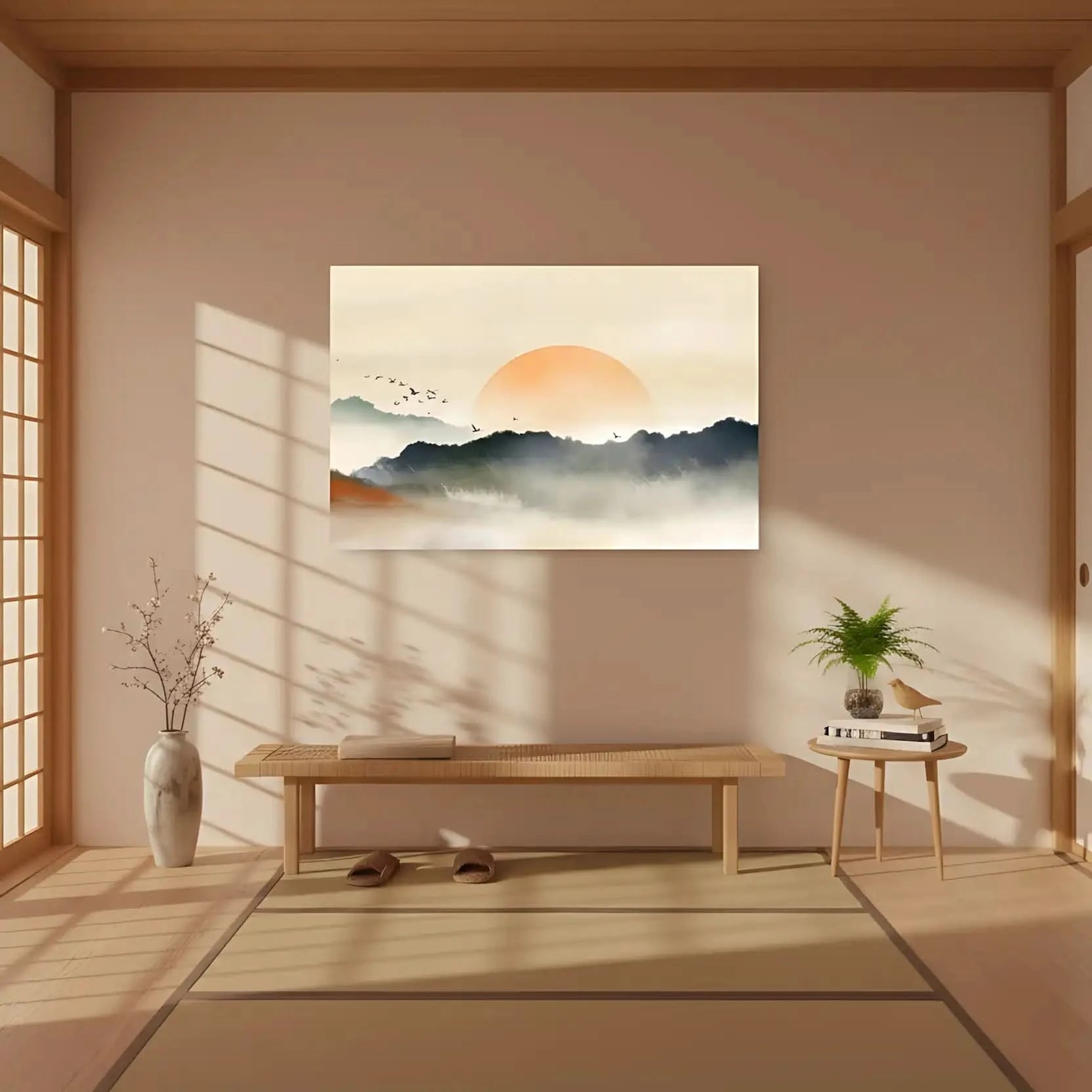 Lever de soleil avec teintes orange et gris, oiseaux en vol, ambiance sereine et mystérieuse pour salon ou chambre.