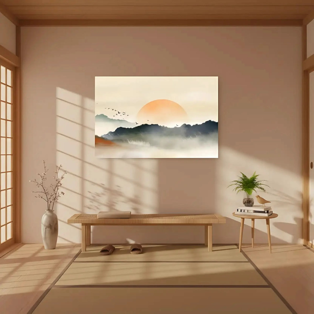Lever de soleil avec teintes orange et gris, oiseaux en vol, ambiance sereine et mystérieuse pour salon ou chambre.
