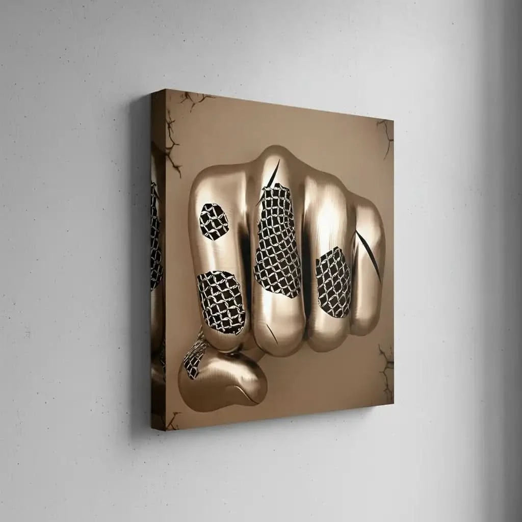 Poing doré maillé jaillit dans un tableau abstrait carré; or et beige et surface lisse symbolisent force et liberté.