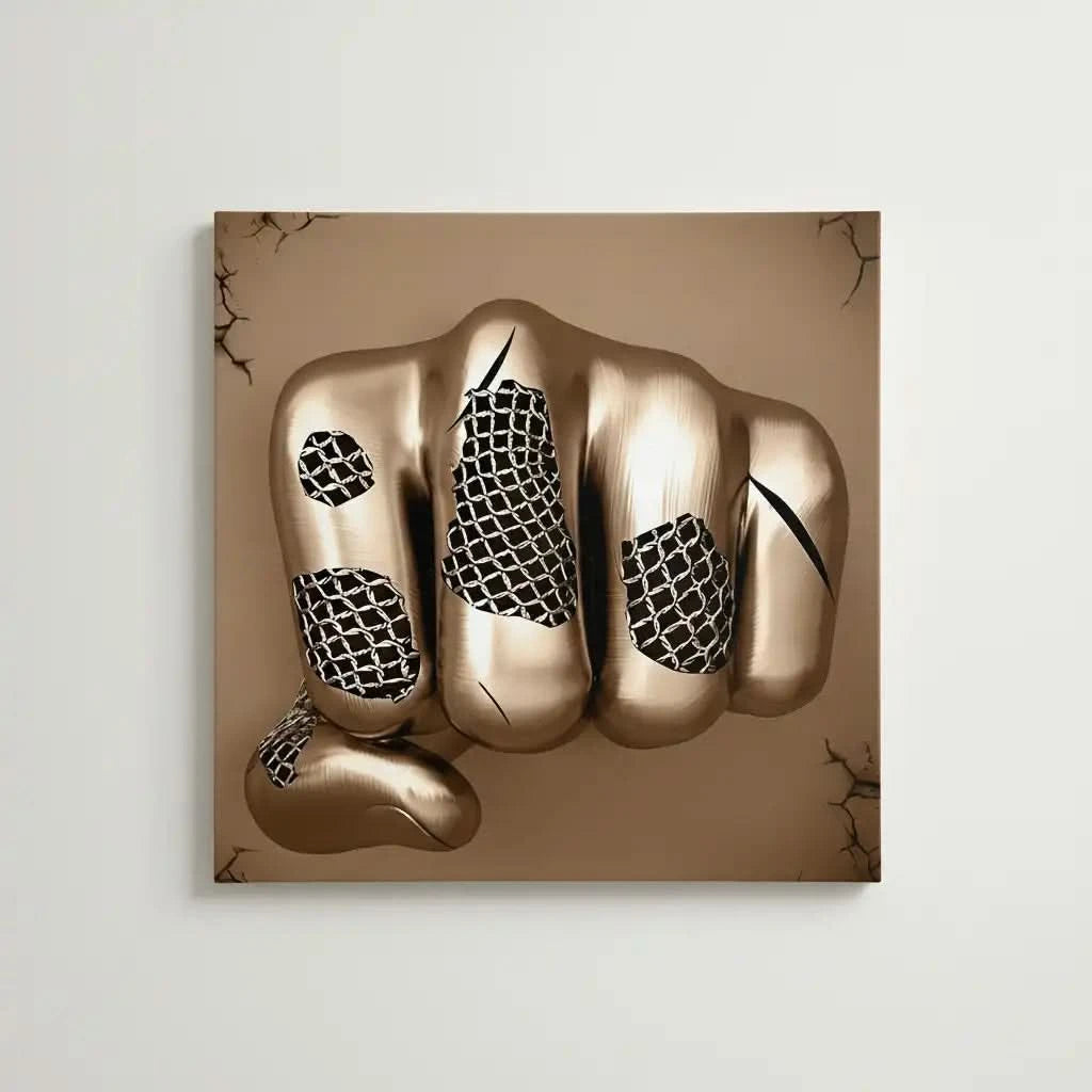 Poing doré maillé jaillit dans un tableau abstrait carré; or et beige et surface lisse symbolisent force et liberté.