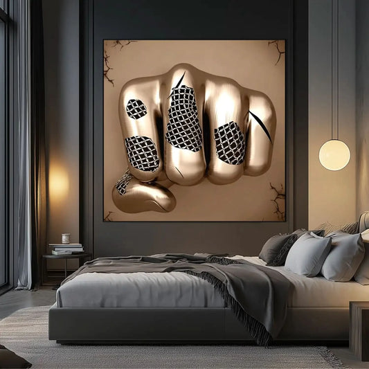 Poing doré maillé jaillit dans un tableau abstrait carré; or et beige et surface lisse symbolisent force et liberté.