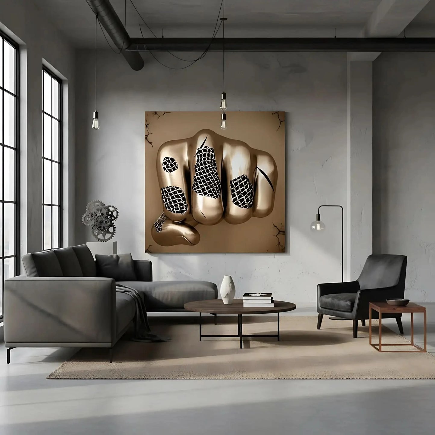 Poing doré maillé jaillit dans un tableau abstrait carré; or et beige et surface lisse symbolisent force et liberté.