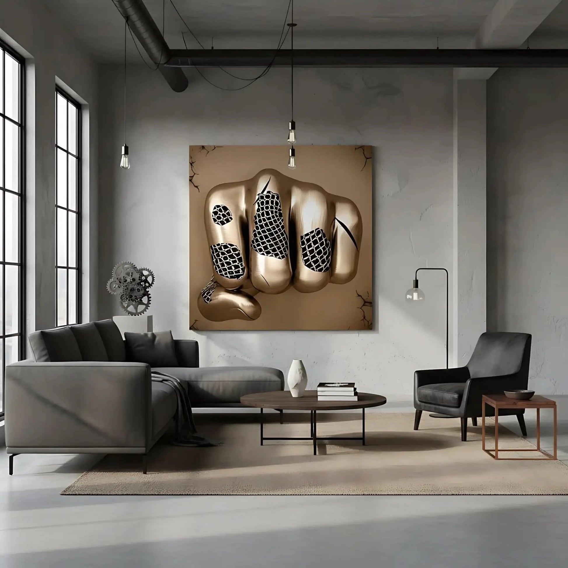 Poing doré maillé jaillit dans un tableau abstrait carré; or et beige et surface lisse symbolisent force et liberté.