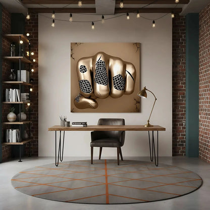 Poing doré maillé jaillit dans un tableau abstrait carré; or et beige et surface lisse symbolisent force et liberté.