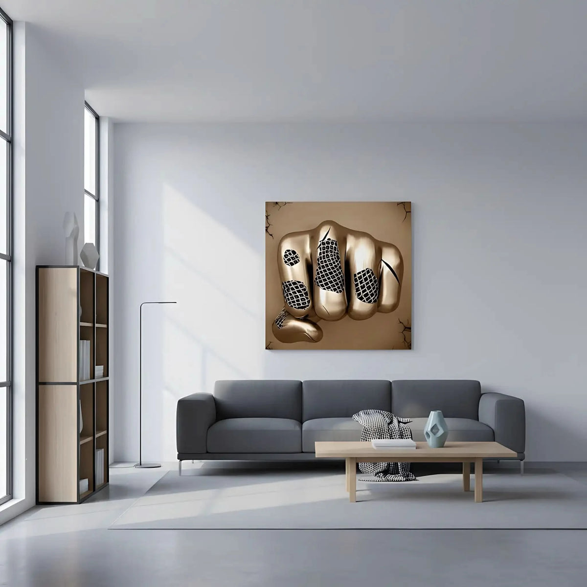 Poing doré maillé jaillit dans un tableau abstrait carré; or et beige et surface lisse symbolisent force et liberté.