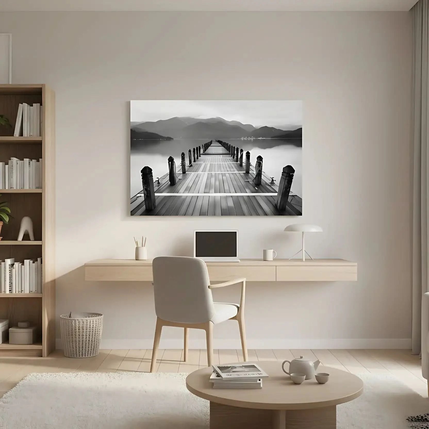 Pont en bois noir et blanc s'étendant vers l'horizon, entouré de montagnes, créant une ambiance sereine et contemplative.