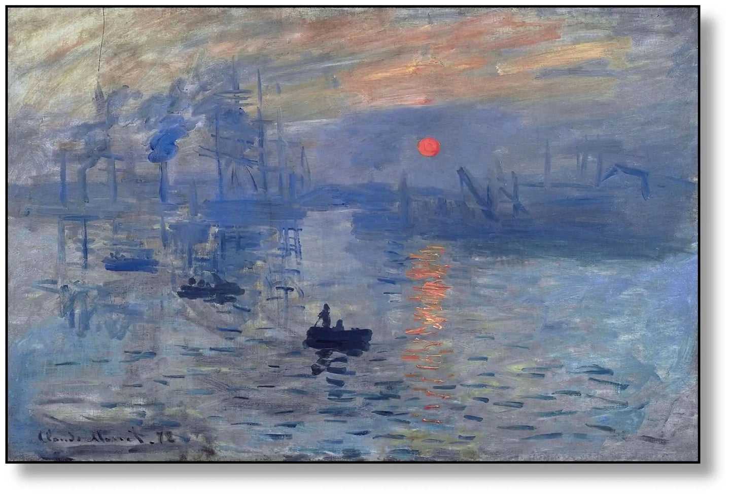 Toile impressionniste avec port au lever du soleil, nuances de bleu profond et gris, ambiance sereine pour salon ou bureau.