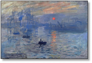 Toile impressionniste avec port au lever du soleil, nuances de bleu profond et gris, ambiance sereine pour salon ou bureau.