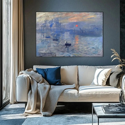 Toile impressionniste avec port au lever du soleil, nuances de bleu profond et gris, ambiance sereine pour salon ou bureau.