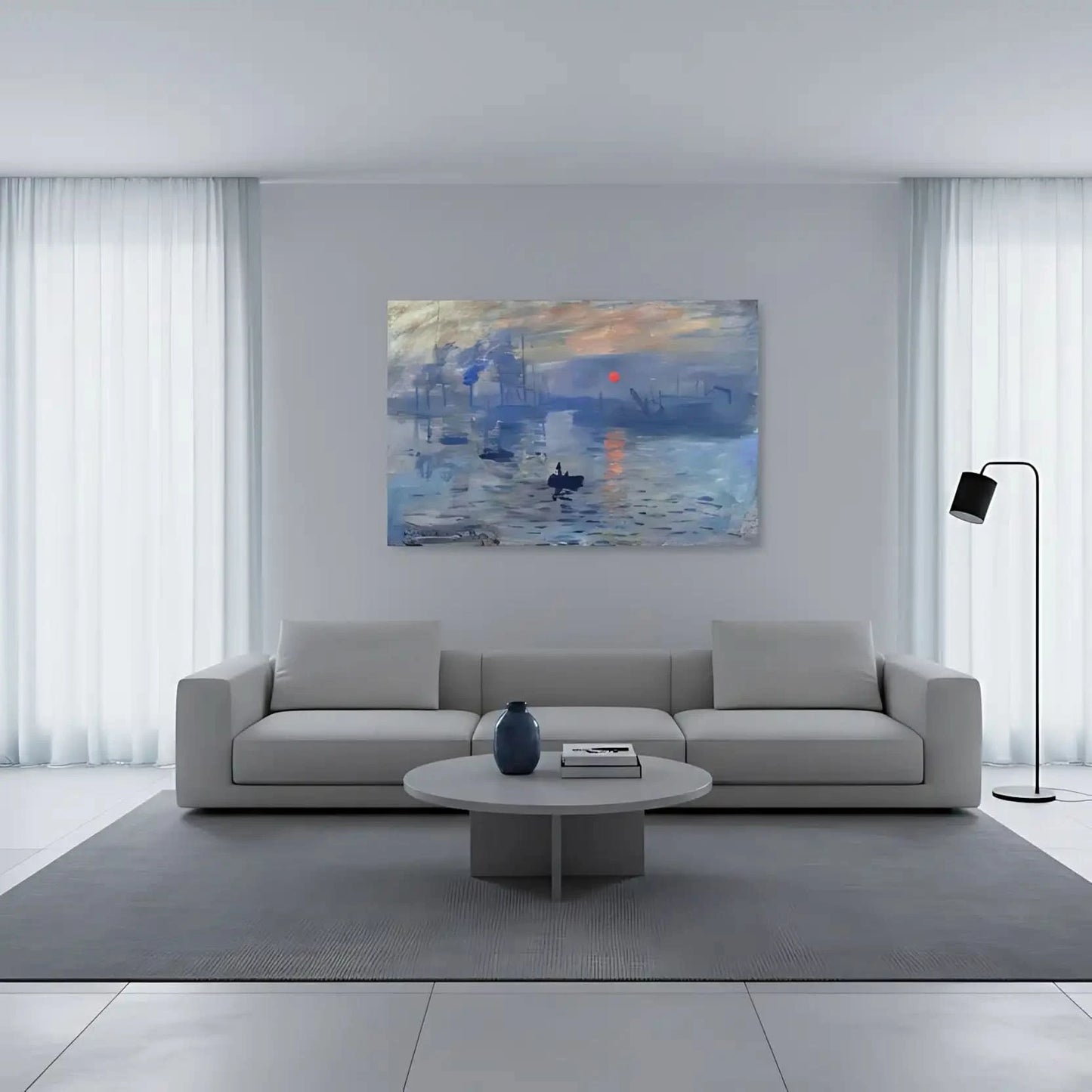 Toile impressionniste avec port au lever du soleil, nuances de bleu profond et gris, ambiance sereine pour salon ou bureau.