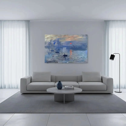 Toile impressionniste avec port au lever du soleil, nuances de bleu profond et gris, ambiance sereine pour salon ou bureau.