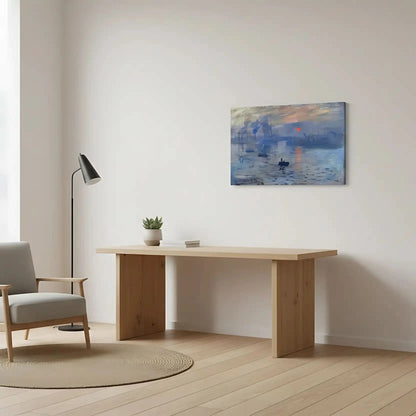 Toile impressionniste avec port au lever du soleil, nuances de bleu profond et gris, ambiance sereine pour salon ou bureau.