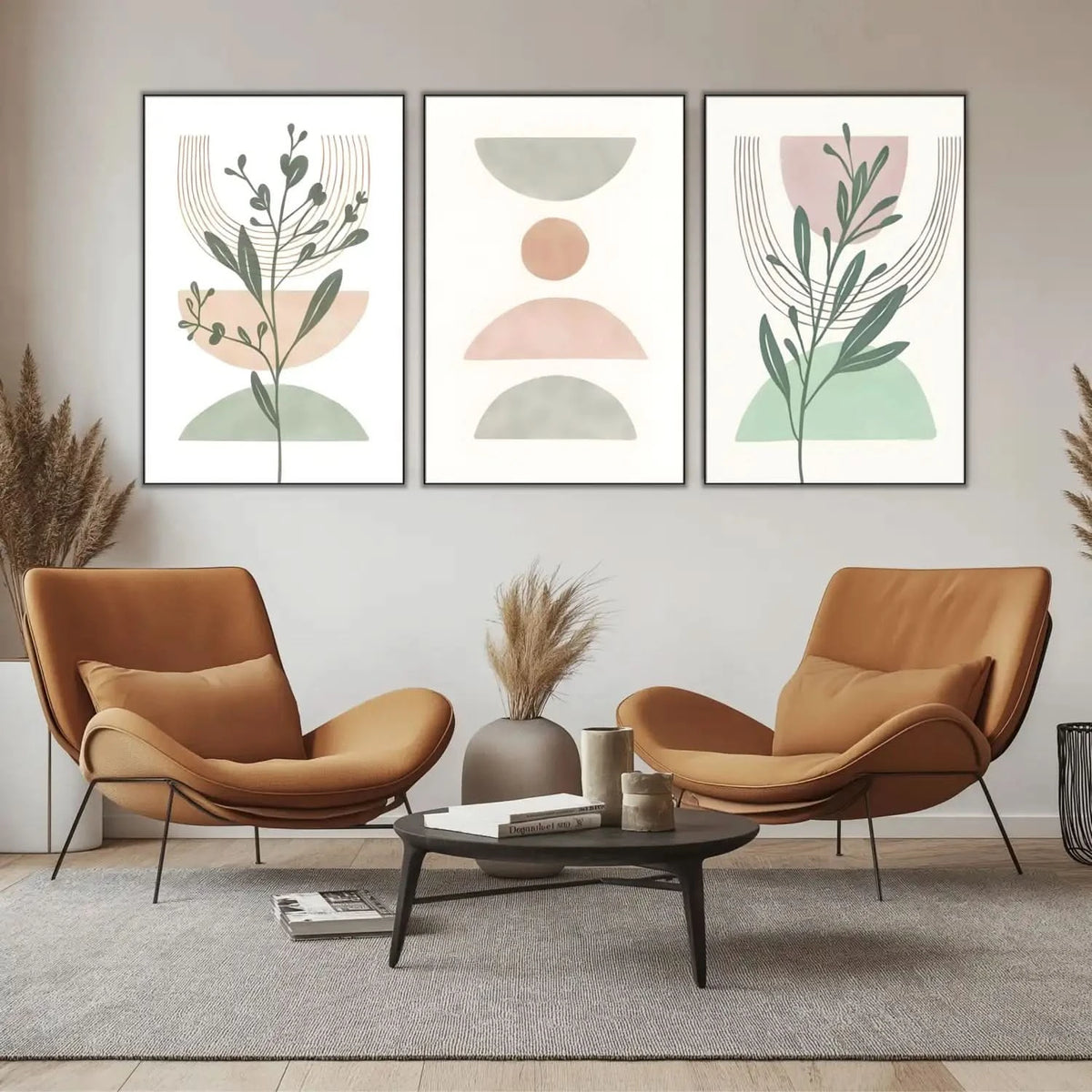 Tableau minimaliste avec formes géométriques pastel, ambiance sereine et équilibrée, idéal pour bureau ou salon moderne.